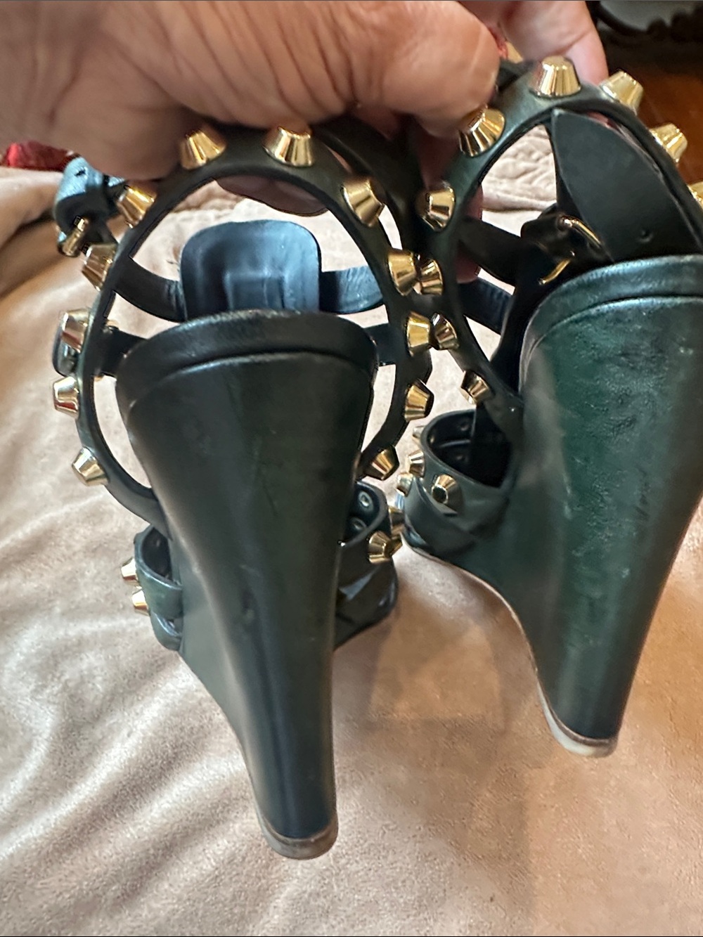 Balenciaga Olive Green Studded Wedge Sandals - Picture 11 of 12